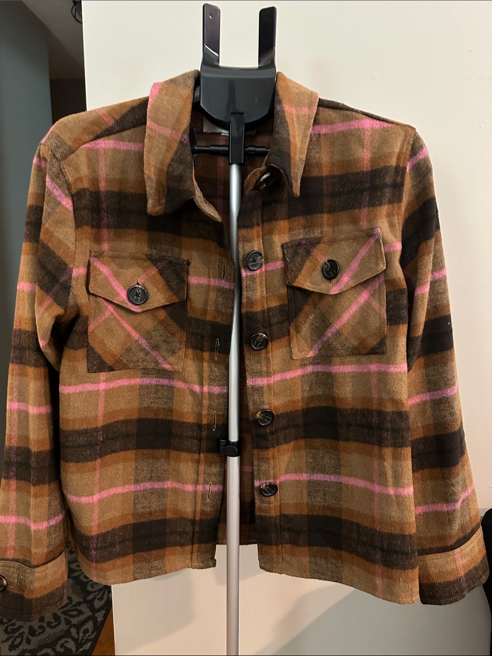 BB Dakota by Steve Madden Brown Plaid Shacket with Pink Accents